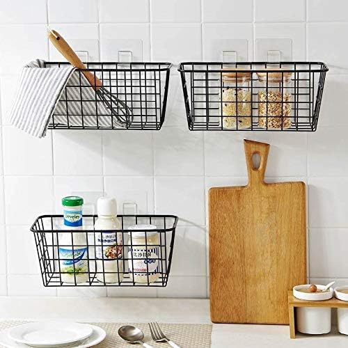 Lele No Drilling Wall Hanging Mounted Metal Wire Baskets with Free Wall Hooks, Kitchen Organization and Storage, Hanging Fruit, Set of 2 Black