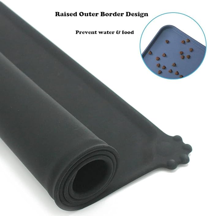 Silicone Pet Feeding Mat, Waterproof Dog Cat Bowl Mat, Raised Edges to Prevent Spills, Easy Clean Nonslip Dogs and Cats Placemat Tray to Stop Food and Water Bowl Messes on Floor (Black)