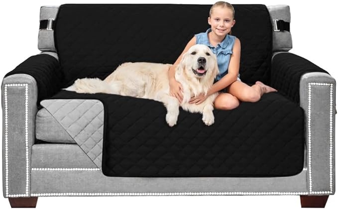 Sofa Shield Loveseat Slip Cover with Patented Strap, Cushion Protector, US Designed Reversible Stain and Dog Tear Resistant Slipcover, 54 inch Seat, Washable Covers for Dogs Pets, Black Gray