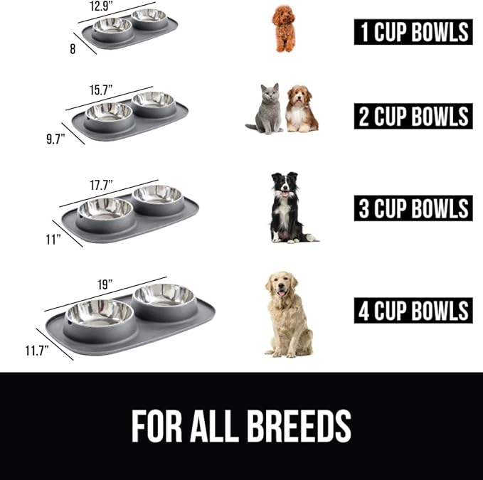 GORILLA GRIP Feeding Mat Set, Patent Pending 100% Waterproof BPA Free Silicone, Stainless Steel Cat and Dog Bowls, Slip Resistant, High Edges Catch Water Food, US Designed Pet Accessories, 1 Cup Gray
