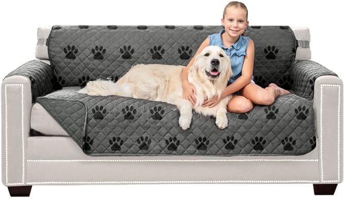 Sofa Shield Couch Slip Cover with Patented Strap, Cushion Protector, US Designed Reversible Stain and Dog Tear Resistant Slipcover, 62 inch Seat, Washable Covers for Dogs Pets, Paw Gray Black