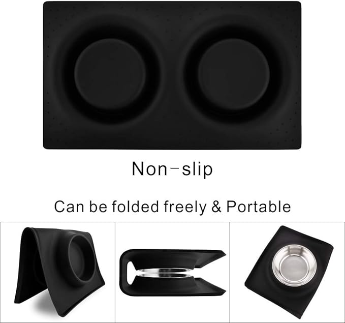 Dog Bowls with Mat, Cat Water Food Bowl Set (13.5oz Each) in No Spill Silicone Mat, Dual Pet Feeder Bowl for Puppy, Cats, Small Medium Dogs (Square, Black)