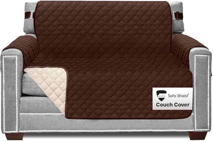 Sofa Shield Armchair Slip Cover with Patented Strap, Cushion Protector, US Designed Reversible Stain and Dog Tear Resistant Slipcover, 48 inch Seat, Washable Covers for Dogs Pets, Chocolate Beige