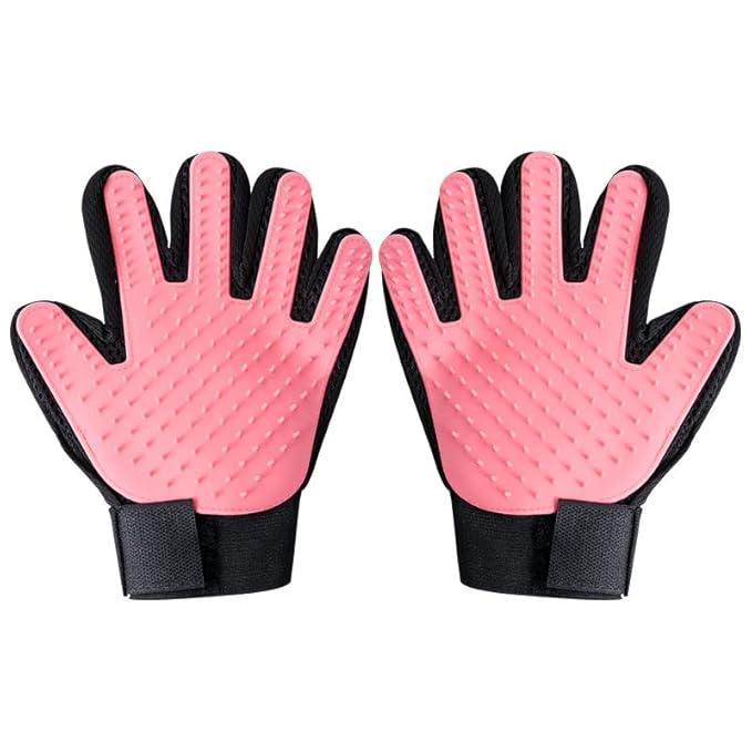 Efficient Pet Grooming Glove - Gentle Shedding Brush for Dogs, Cats, Horses, & more with Long & Short Hair - 1 Pair (Pink)