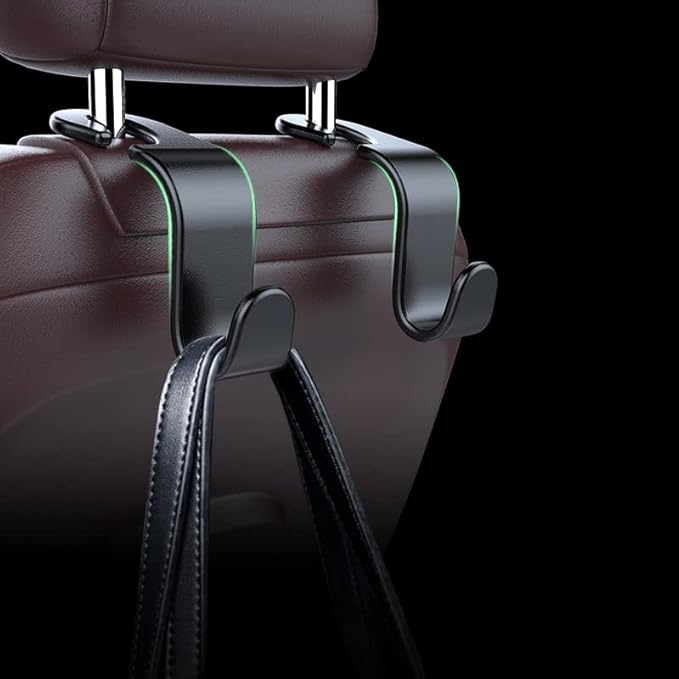 4Pcs Car Hooks for Headrest, Multifunctional Luxurious Leather and Magnesium Alloy Car Seat Back Hooks & Mobile Phone Holder, Double Headrest Hanger Storage Hook for Purses, Handbags, Bags (black)