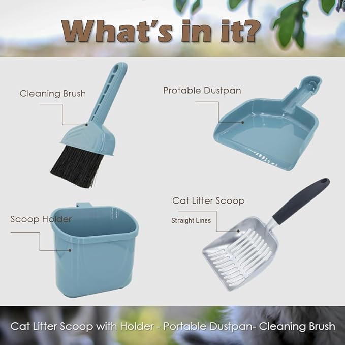 4-in-1 Cat Litter Scoop with Holder, Cat Litter Box Organizer Cleanup Kit - Sweeper & Dustpan, Aluminium Kitty Litter Scooper and Storage Caddy, Heavy Duty Cat Litter Box Cleaning Supplies