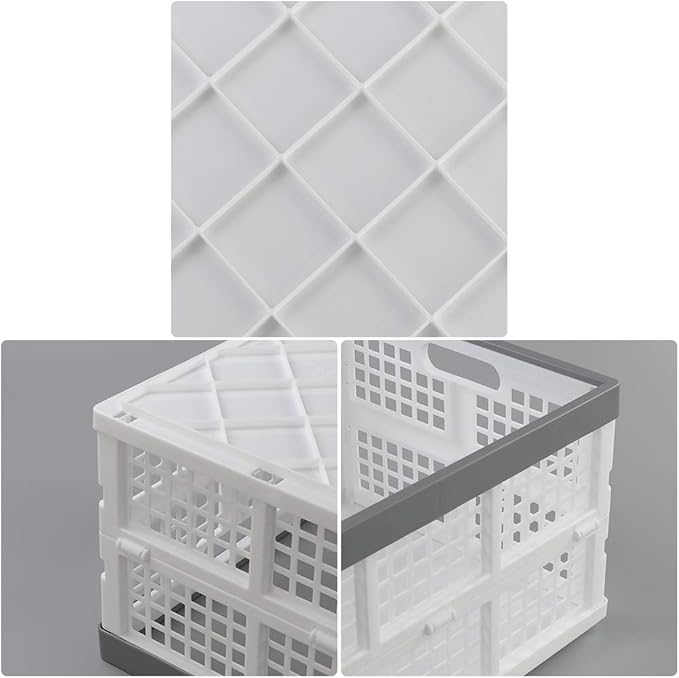 Waikhomes 30 L Foldable Crate Basket, Set of 3 Plastic Stackable Box for Storage (White)