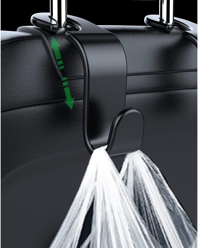 4Pcs Car Hooks for Headrest, Multifunctional Luxurious Leather and Magnesium Alloy Car Seat Back Hooks & Mobile Phone Holder, Double Headrest Hanger Storage Hook for Purses, Handbags, Bags (black)