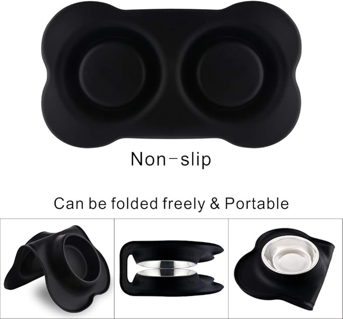 Dog Bowls with Mat, Cat Water Food Bowl Set (13.5oz Each) in No Spill Silicone Mat, Dual Pet Feeder Bowl for Puppy, Cats, Small Medium Dogs (Bone Shape, Black)