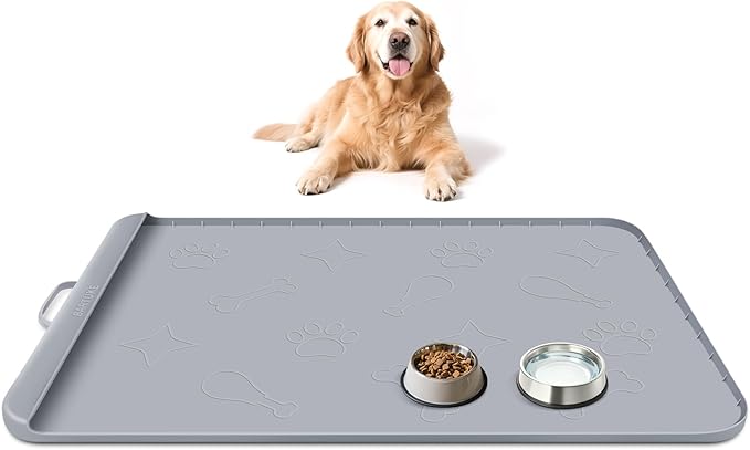 Dog Food Mat with Collection Pocket, 42''x28'' Extra Large Silicone Pet Feeding Mat for Food and Water, Waterproof Anti-Slip Dog Mat with Edge and Handle, Pet Placement for Floor(Light Grey)