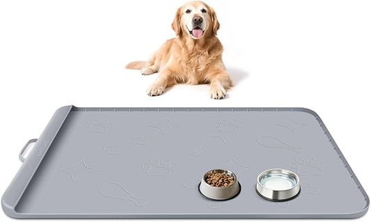 Dog Food Mat with Collection Pocket, 42''x28'' Extra Large Silicone Pet Feeding Mat for Food and Water, Waterproof Anti-Slip Dog Mat with Edge and Handle, Pet Placement for Floor(Light Grey)