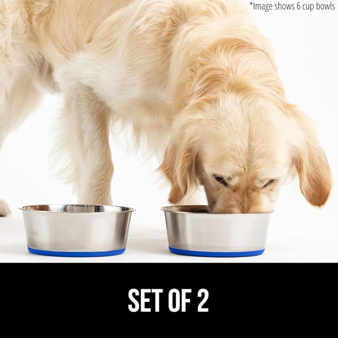 GORILLA GRIP Set of 2 Dog Bowls, Holds 6 Cups (48 fl oz), Heavy Duty Metal Food and Water Bowl for Feeding Dogs and Cats, Dishwasher Safe, Rust Resistant Stainless Steel, BPA Free Rubber Base, Blue