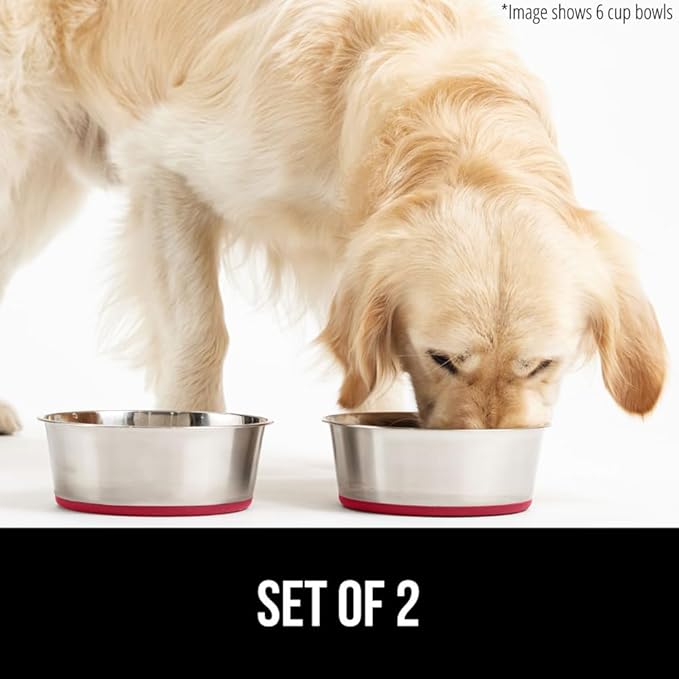 GORILLA GRIP Set of 2 Dog Bowls, Holds 6 Cups (48 fl oz), Heavy Duty Metal Food and Water Bowl for Feeding Dogs and Cats, Dishwasher Safe, Rust Resistant Stainless Steel, BPA Free Rubber Base, Red
