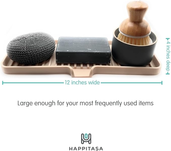 Happitasa Silicone Soap Dish Tray and Sponge Holder with Drain Chute | Bathroom and Kitchen Sink Organizer Caddy (Black, 12"x4", 7.4 Ounces)