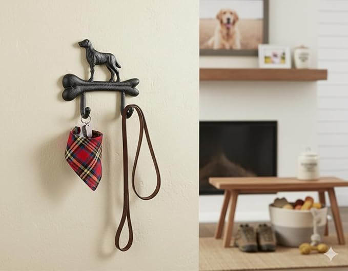 Comfy Hour Cast Iron Dog on Bone Double Wall Hook - Antique Vintage Style Heavy Duty Clothes & Key Hanger, Recycled Metal