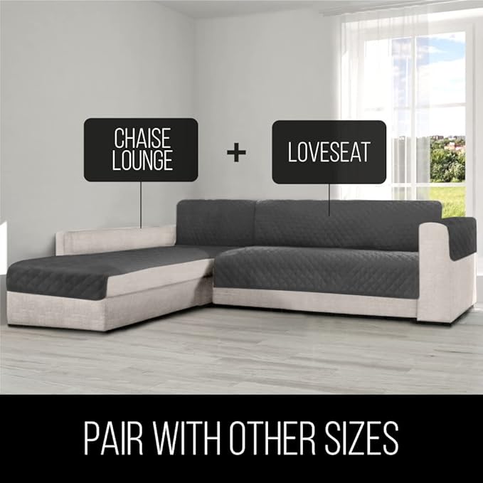 Sofa Shield Chaise Slip Cover with Patented Strap, Cushion Protector, US Designed Reversible Stain and Dog Tear Resistant Slipcover, 102x34 inch Seat, Washable Covers for Dogs Pets, Black Gray