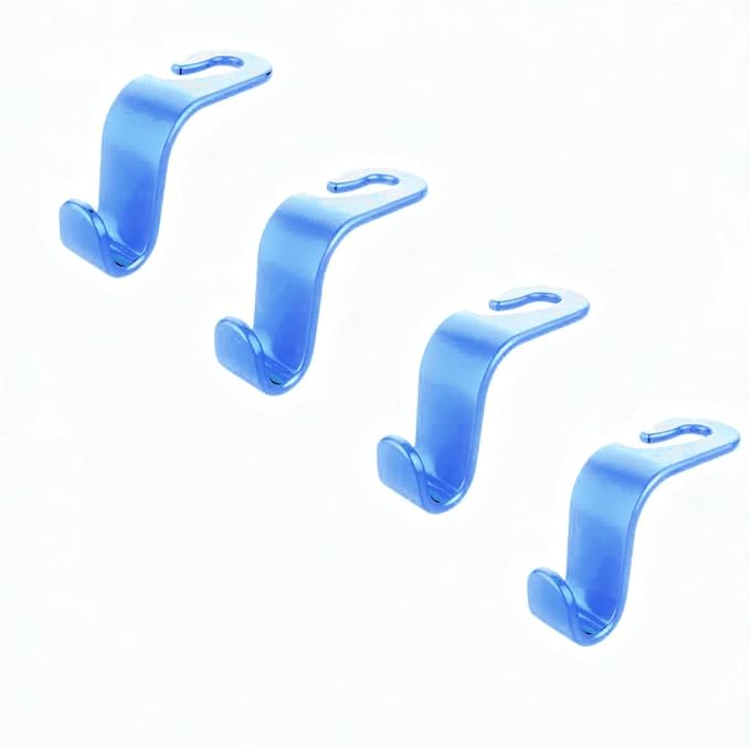 ANULEYO 4 car Hooks for headrests, PE Material seat Back Hooks and Phone Holder, Double Headed Pillow, Wallet Storage, Handbags, Bags (Blue)