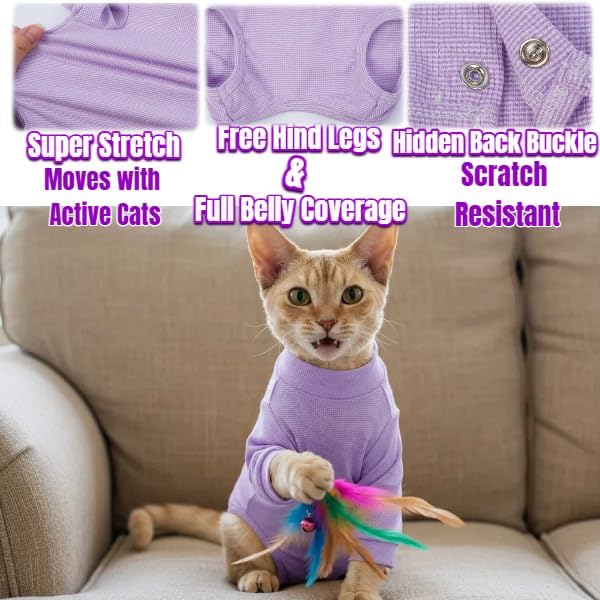 Cat Recovery Suit Male & Female Neuter, Cute Kitten Onesie for Cats After Surgery, Soft Fabric Cat Spay Clothes for Kittens, Kitten Surgical Pajamas for Girls, Cone Alternative Body Suit(Purple, S)