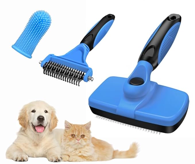 3-in 1 Dog & Cat Grooming Supplies- Self-cleaning Slicker Brush, Deshedding Rake Comb, And Finger Toothbrush For Dogs & Cats | Perfect For Pet Grooming Kit, Dematting And Dental Tool (blue)