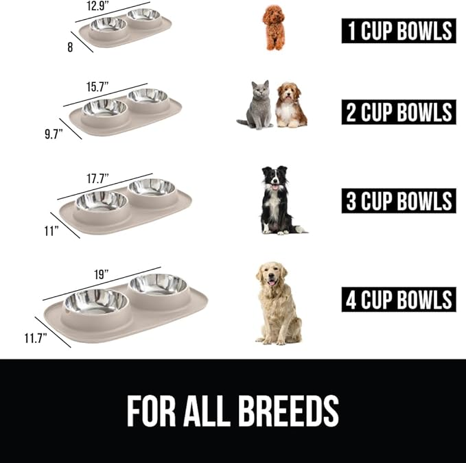 GORILLA GRIP Feeding Mat Set, 4 Cup, Patent Pending 100% Waterproof BPA Free Silicone, Stainless Steel Cat and Dog Bowls, Slip Resistant, High Edges Catch Water Food, US Designed Pet Accessories Beige