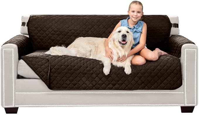 Sofa Shield Couch Slip Covers for Dogs, Reversible Furniture Protector with Strap, Stain and Tear Resistant Cushion Cover, 62 inch Seat, Machine Washable Slipcover Pets, Cats, Chocolate