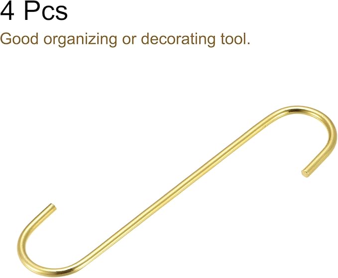 uxcell S Hanging Hooks, 8inch/200mm Extra Long Steel Hanger, Indoor Outdoor Uses for Garden, Bathroom, Closet, Workshop, Kitchen, Gold Tone, 4Pcs