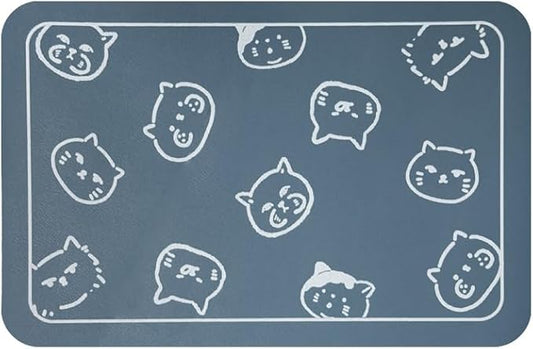 YCT Cat Food Mat, Cat Mat for Food and Water, Pet Feeding Mat, Non-Slip Super Absorbent, with Multiple cat Heads Logo, 24 x 16.9 inches, Blue