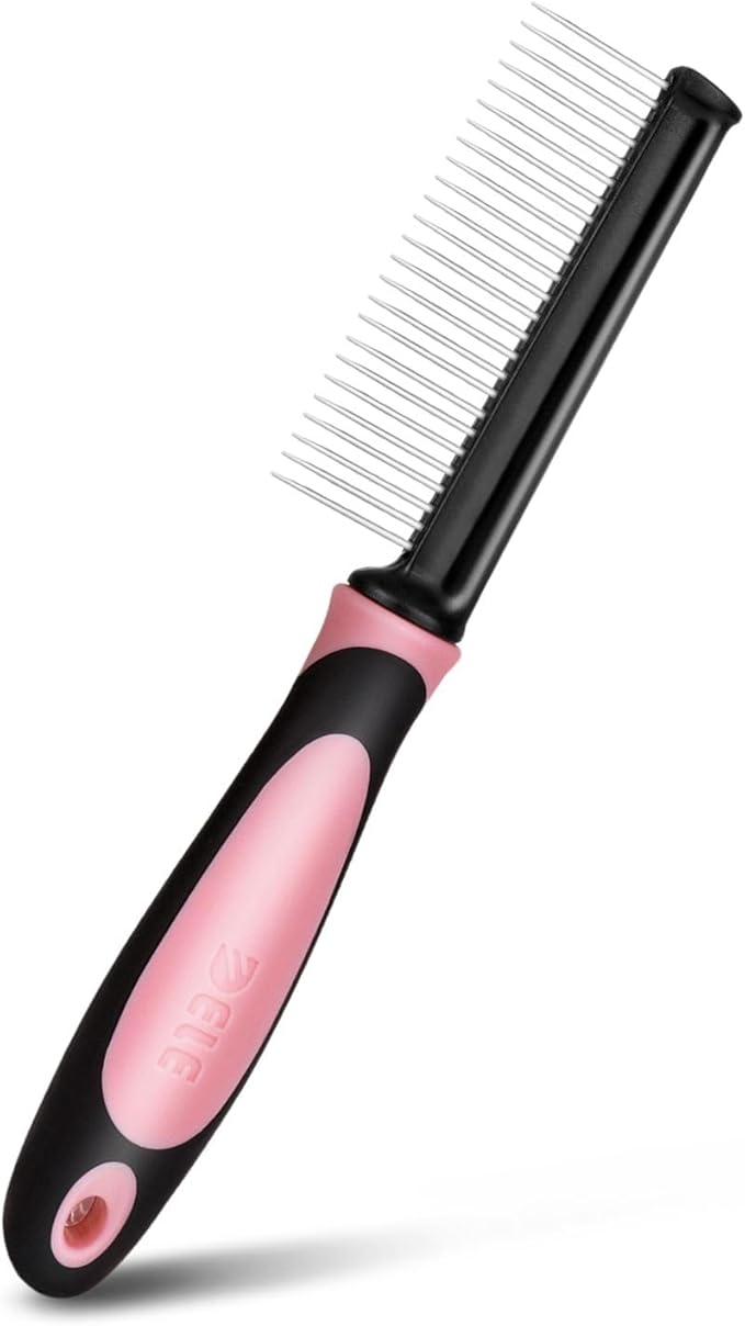 Flexzion Metal Pet Comb for Cats & Dogs – Sturdy Stainless Steel Rounded Teeth with Non-Slip Grip – Easy Grooming & Detangling for Long & Short Hair, Pink