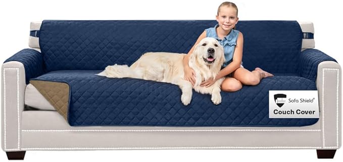 Sofa Shield Couch Slip Covers for Dogs, Reversible Furniture Protector with Strap, Stain and Tear Resistant Cushion Cover, 78 inch Seat, Machine Washable Slipcover Pets, Cats, Navy Sand