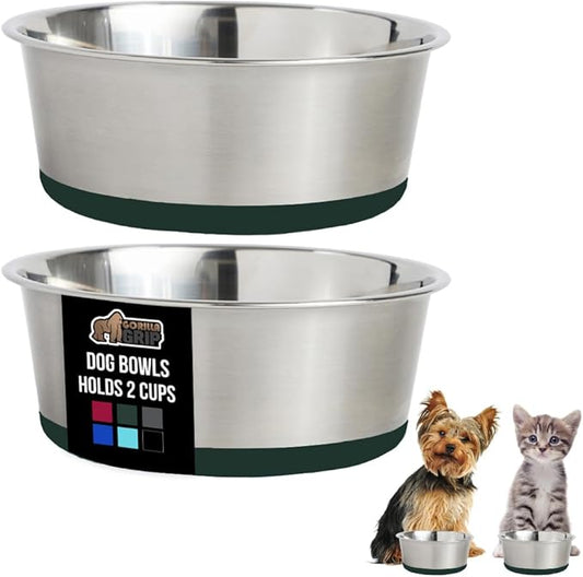 GORILLA GRIP Dog Bowls, Holds 2 Cups Each (16 fl oz), Heavy Duty Stainless Steel Food and Water Bowl for Feeding Dogs and Cats, Dishwasher Safe, Rust Resistant, BPA Free Rubber Base, Set of 2 Green