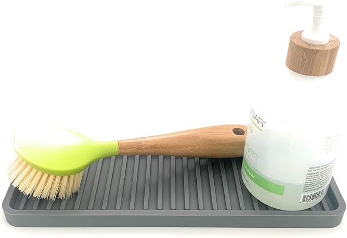 Happitasa Silicone Kitchen Sink Organizer Tray, Sponge Holder and Countertop Protector | Bathroom and Kitchen Soap Dish and Dispenser Tray (Grey, 12"x4")