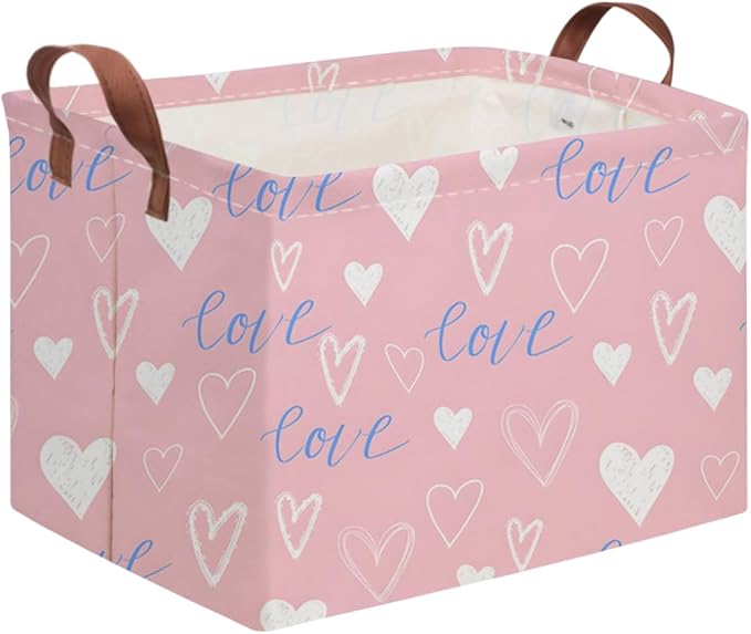 FXOCSHE Rectangular Pink Valentine's Day Gift Basket,nursery basket,Pink girls gift baskets,kids toy storage Bin, Love Heart Room Decor for Home,Shelf Baskets(Blue pink heart)