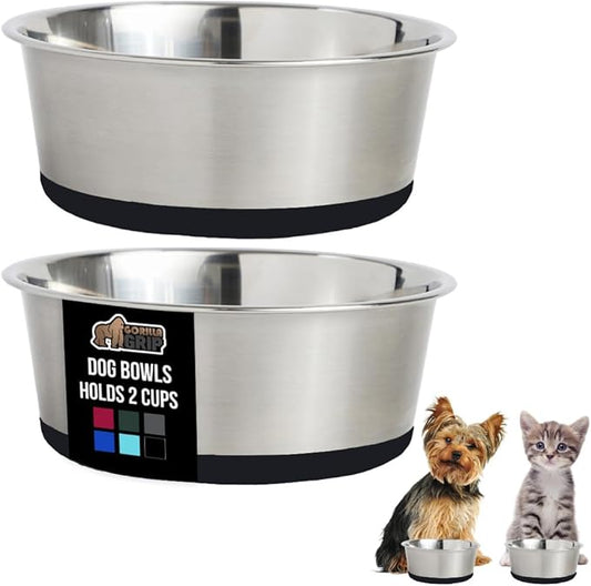 GORILLA GRIP Dog Bowls, Holds 2 Cups Each (16 fl oz), Heavy Duty Stainless Steel Food and Water Bowl for Feeding Dogs and Cats, Dishwasher Safe, Rust Resistant, BPA Free Rubber Base, Set of 2 Black
