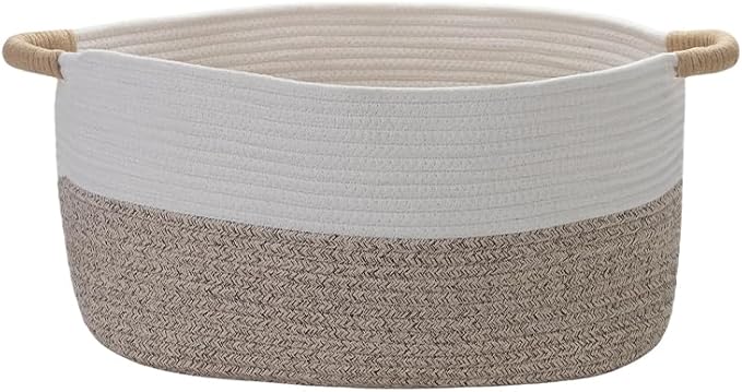 Large Cotton Rope Storage Basket with Handles, Hamper, Laundry Basket, 20 "L x 14" W x 12 "H, Home Decor to Storage Blanket &Toy, etc .(White & Brown)