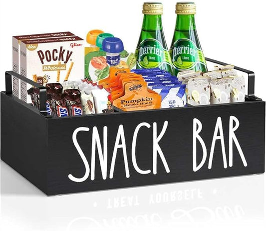Snack Organizer for Countertop, Wood Pantry Storage Bins with Handles, Snack Bar Organizer for Pantry Shelf, Kitchen, 4 Compartment Food Container Snack Box, Pantry Organizer for Snacks, Chips(Black)
