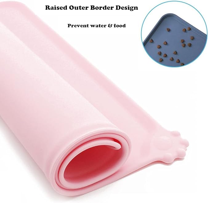 Silicone Pet Feeding Mat, Waterproof Dog Cat Bowl Mat, Raised Edges to Prevent Spills, Easy Clean Nonslip Dogs and Cats Placemat Tray to Stop Food and Water Bowl Messes on Floor (Pink)