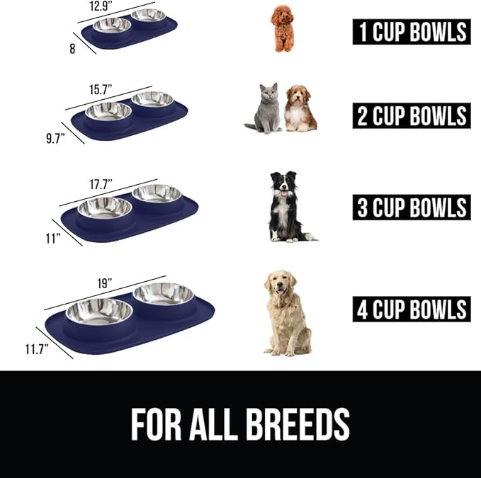 GORILLA GRIP Feeding Mat Set, 3 Cup, Patent Pending 100% Waterproof BPA Free Silicone, Stainless Steel Cat and Dog Bowls, Slip Resistant, Edges Catch Water Food, US Designed Pet Accessories, Navy Blue