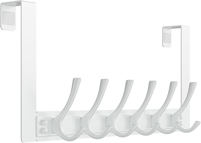 BAKON Over The Door Hooks with 6 Hook, Heavy Duty Over Door Hanger for Hanging Clothes Coat Hat Jacket, Door Coat Rack for Bathroom Closet Laundry Bedroom Kitchen Living Room Home Organizer(1, White)