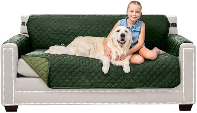 Sofa Shield Couch Slip Covers for Dogs, Reversible Furniture Protector with Strap, Stain and Tear Resistant Cushion Cover, 62 inch Seat, Machine Washable Slipcover Pets, Cats, Hunter Green Sage