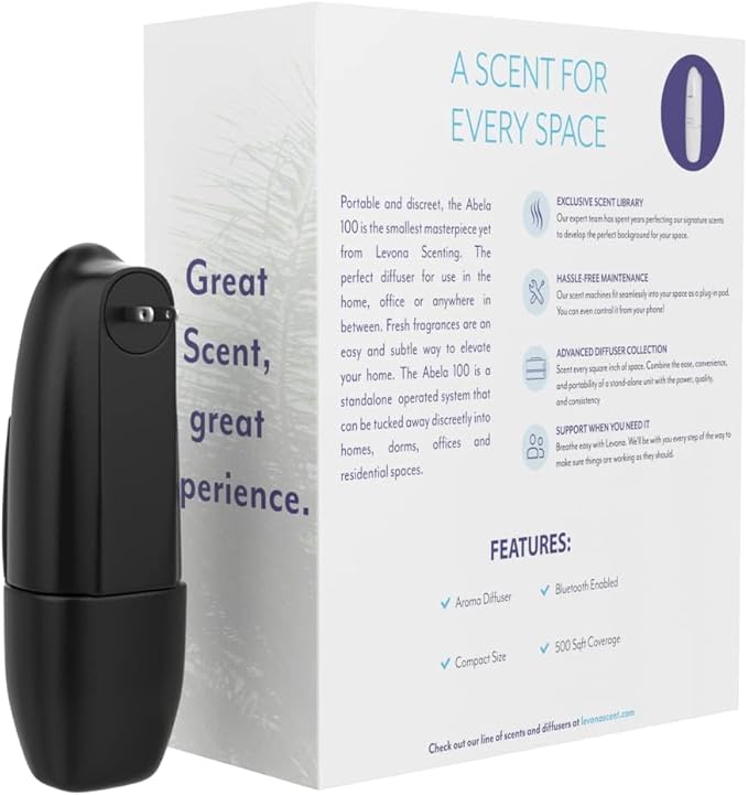 Levona Scent Waterless Diffuser - Essential Oil Aroma Smart Plug-in, Portable Scent Machine for Home, Office & Hotel Room, Covers 500 sqft - Abela 100, Matte Black (with 120ml Oil & Cleaning Cloth)