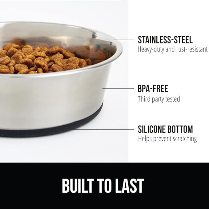 GORILLA GRIP Set of 2 Dog Bowls, Holds 6 Cups (48 fl oz), Heavy Duty Metal Food and Water Bowl for Feeding Dogs and Cats, Dishwasher Safe, Rust Resistant Stainless Steel, BPA Free Rubber Base, Black