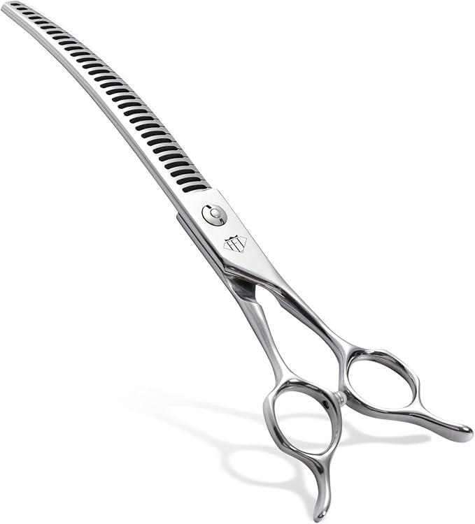 Professional Dog Grooming Scissors, 85% Thinning Rate, 25° Curved Blade, JP440C Steel, 7.0" Ergonomic Handle