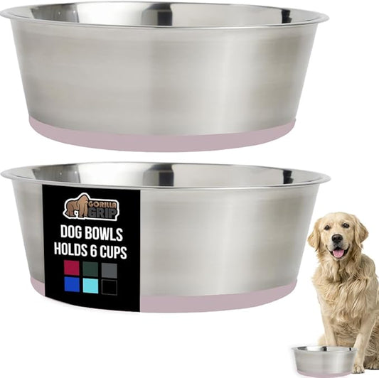 GORILLA GRIP Set of 2 Dog Bowls, Holds 6 Cups (48 fl oz), Heavy Duty Metal Food and Water Bowl for Feeding Dogs and Cats, Dishwasher Safe, Rust Resistant Stainless Steel, BPA Free Rubber Base, Lt Pink