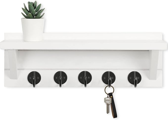 Wall Key Holder, Rustic Shelf with Hooks Made of Paulownia Wood Holds Keys, Dog Leash, Bags and More - 13.7" W x 4.7" H x 3.5" D Decorative Key Hanger and Entryway Shelf