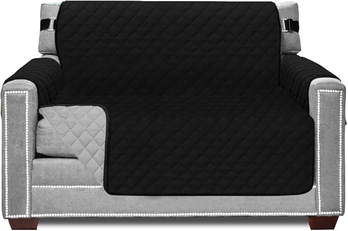 Sofa Shield Couch Armchair Covers for Dogs, Reversible Furniture Protector with Strap, Stain and Tear Resistant Cushion Cover, 48 inch Seat, Machine Washable Slipcover Pets, Cats, Black Gray
