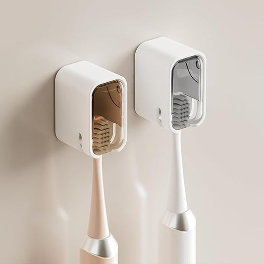 Wall Mounted Toothbrush Holders for Bathroom, 2 Pcs Strong Self Adhesive Tooth Brush Holder with Cover, Toothbrush Heads Organizer for Family, 1 Brown 1 Grey