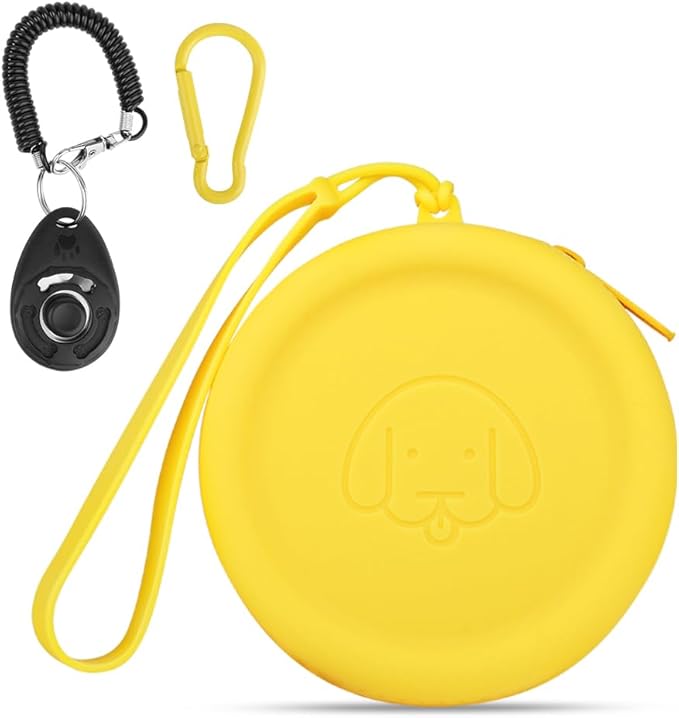 WALLFID Silicone Dog Treat Pouch Small Bag,with Pet Training Clicker,Walking Bag for Dog and Cat, Pocket Size, Easy to Clean, Odorless, Zipper Design,Moisture-Proof,Travel Walking Bag.(Yellow)