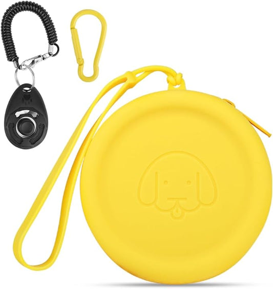 WALLFID Silicone Dog Treat Pouch Small Bag,with Pet Training Clicker,Walking Bag for Dog and Cat, Pocket Size, Easy to Clean, Odorless, Zipper Design,Moisture-Proof,Travel Walking Bag.(Yellow)