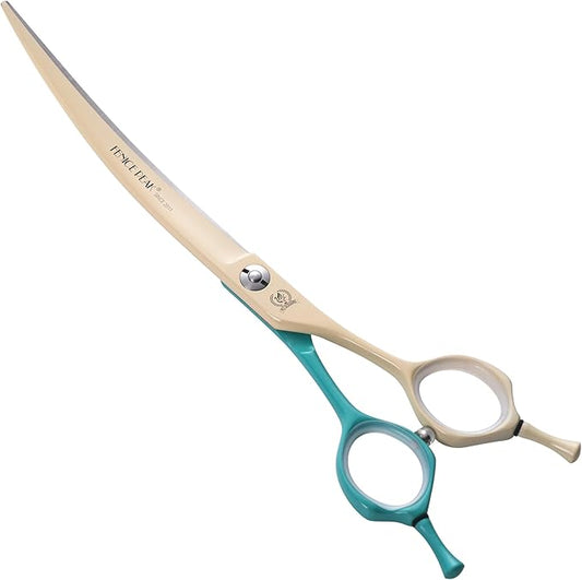 Fenice Peak Curved Dog Grooming Scissors with Coating 440C Stainless Steel, 7 inch Professional Curved Shears Dog Grooming，25 Degree of Curved Blade，Pet Shear for Trimming Face and Paws, Green & White