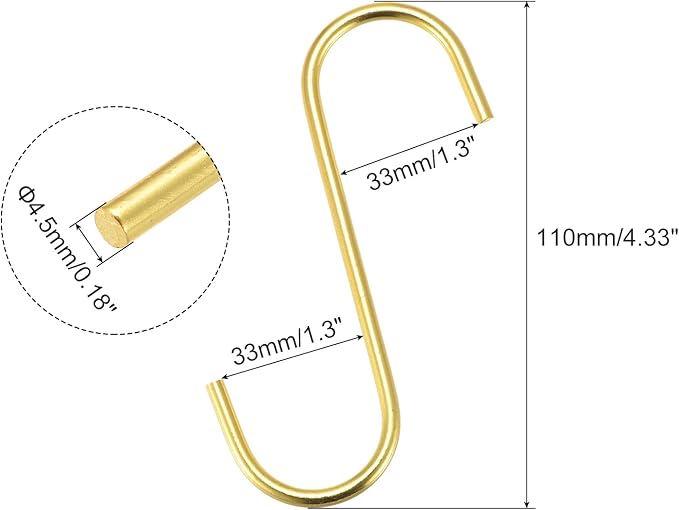 uxcell S Hanging Hooks, 4inch/110mm Extra Long Steel Hanger, Indoor Outdoor Uses for Garden, Bathroom, Closet, Workshop, Kitchen, Gold Tone, 4Pcs